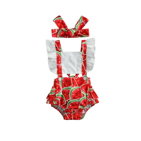 

Xiaoluokaixin Toddler Baby Girl 2Pcs Bodysuit Watermelon/Strawberry Ruffled Flying Sleeve Jumpsuit+Headwear Set cqH
