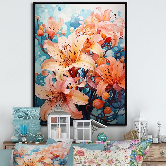 Designart "Exotic Peach Elegance" Hibiscus Floater Framed Wall Art Prints