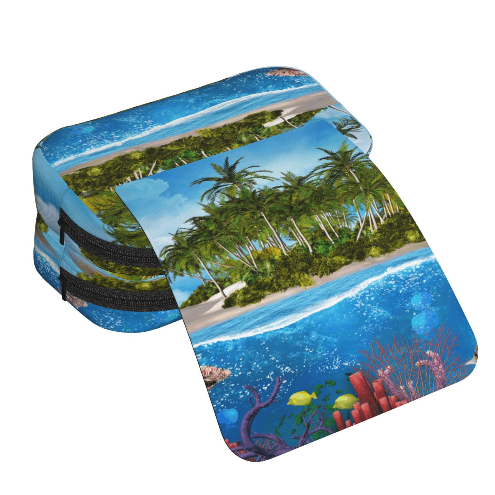 Rateoe Island And Coral Reef Pattern Double Clamshell Pen Case, Storage Organizer with Two Zipper Compartments– Holds Up to 50 Pencils & Pens