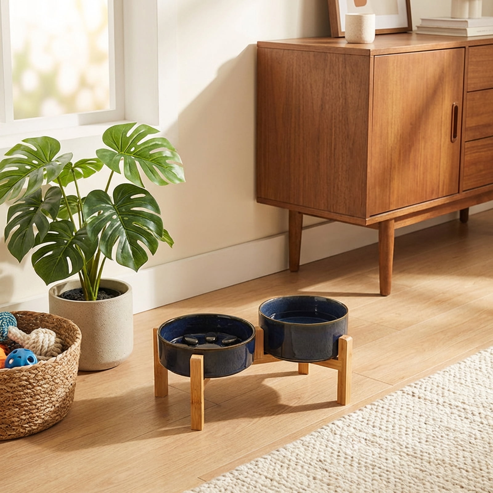 JoyPetto Elevated Slow Feeder & Water Bowl Set, Adjustable Bamboo Stand for Small Dogs & Cats, Ceramic Raised Bowls 27 oz, Dishwasher Safe, Dark Blue