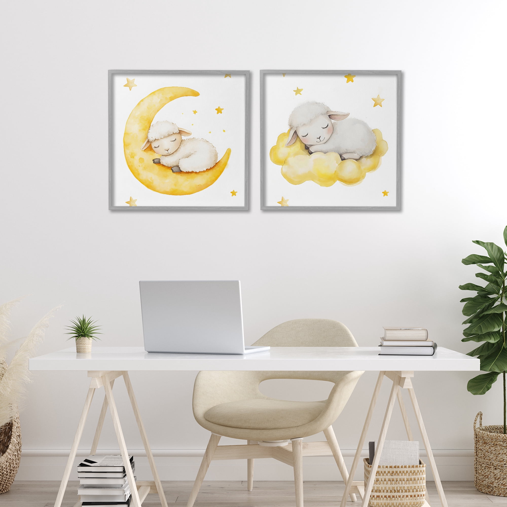 Stupell Industries Sleeping Sheep Cloud and Moon 2 Piece Gray Framed Giclee Art Set, design by LSR Design Studio