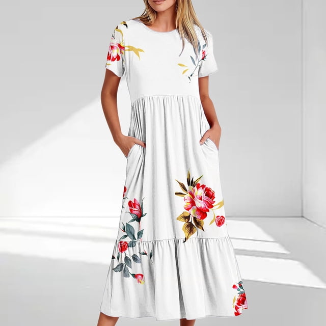 Liquidation d'Été Iumwxz Robe à Manches Courtes et Col Rond pour Femmes, Tunique Décontractée Ample Plissée, Robe Longue à Imprimé Floral, Robes Midi pour Femmes, Robe Habillée pour Rester à la Maison