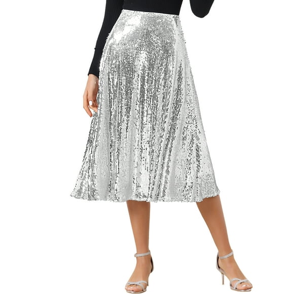 Falda midi de cóctel brillante con lentejuelas y cintura alta para mujeres INSPIRE CHIC, fiesta de Halloween, M plata