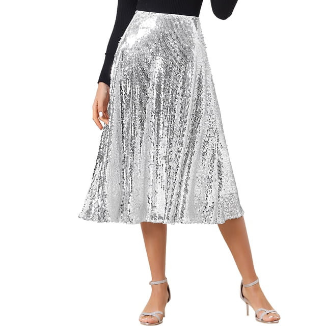 Falda Midi de Lentejuelas Brillantes de Cintura Alta para Fiesta de Mujeres INSPIRE CHIC M Plata