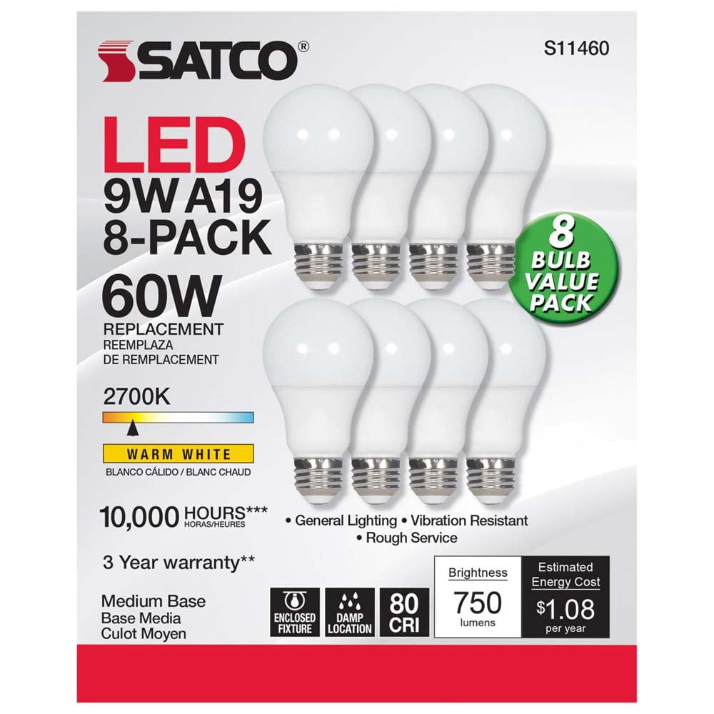8Pk - 9W A19 LED 2700K Non-Dimmable E26 Medium base 120v - 60w equiv