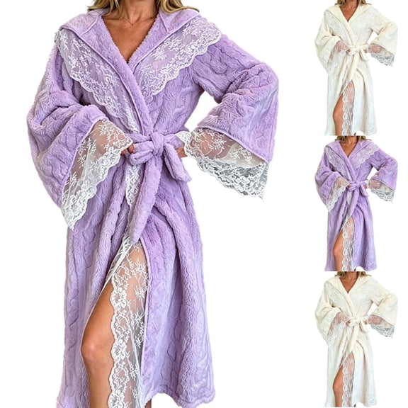 Hrsba Fleece Womens Robe Lace Trim Fashion Soft Long Robe