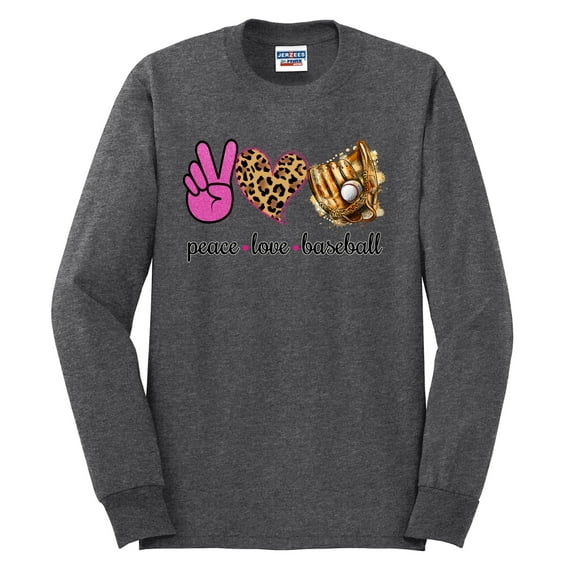 Peace Love Baseball Sports Mens Long Sleeve Shirt, Heather Black, XX-Large