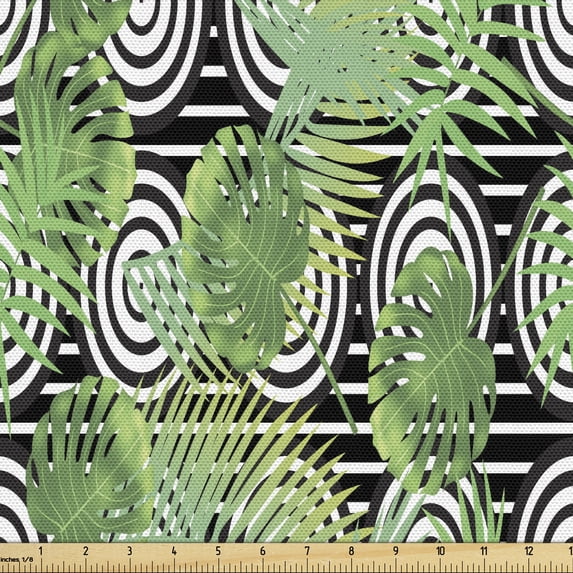 Aloha Fabric by the Yard Upholstery, Geometric and Concentric Circles Background with Monstera Leaves, Decorative Fabric for DIY and Home Accents, 10 Yards, Charcoal Grey Green by Ambesonne
