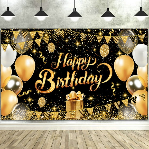 Happy Birthday Backdrop Banner Decoration Large Black Gold Balloon Star 