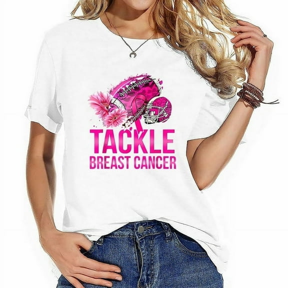 Womens T Shirt Tackle Breast Cancer Awareness Football Pink Ribbon Warrior Shirts Black