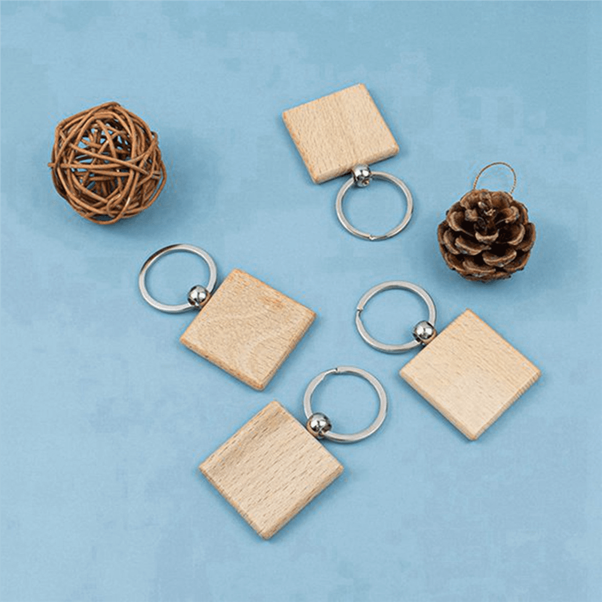 120Pcs Blank Square -Shaped Wooden Keychain DIY Wood Keychains Key Tags DIY Gifts,120 x Wooden Keychain,silver & wood color