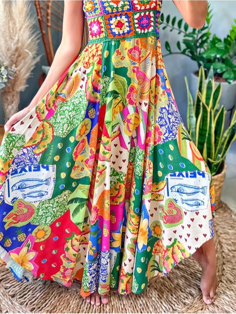 boho patchwork maxi dress Boho Patchwork Cutout Maxi Dress with Side Slit L