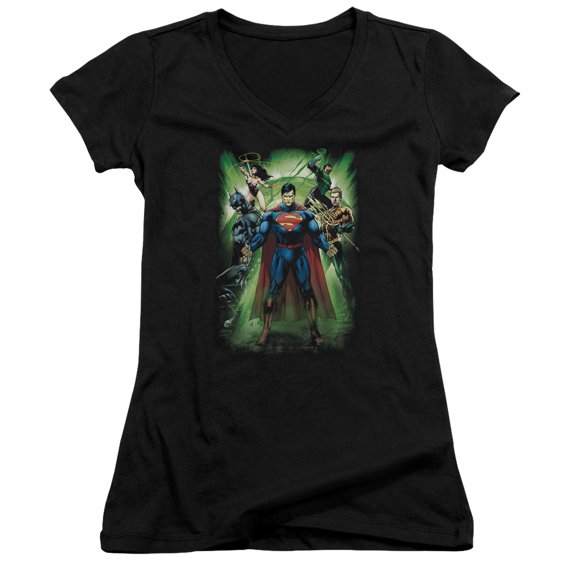 JLA Justice League Power Burst Junior Women's T-Shirt V-Neck Black