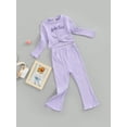 thumbnail image 3 of Seyurigaoka Baby Girls Pants Set Letter Print Ribbed Pleated Long Sleeve Crewneck Tops + High Waist Stretch Flared Trousers for 2-7Y Kids, 3 of 9