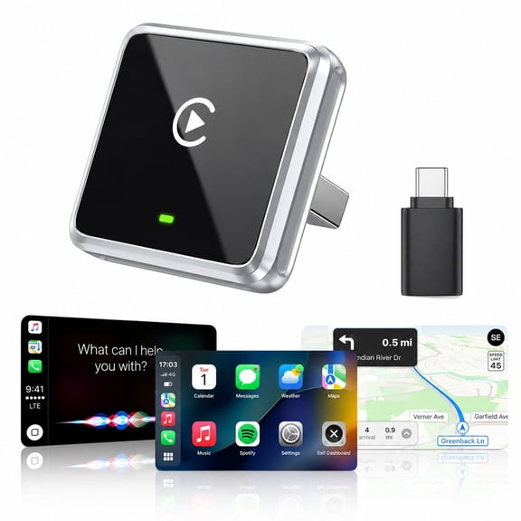 Carlikeit Mini Wireless CarPlay Adapter for iPhone, USB-A and USB-C Plug-In Converter for Factory Wired Systems, Gray
