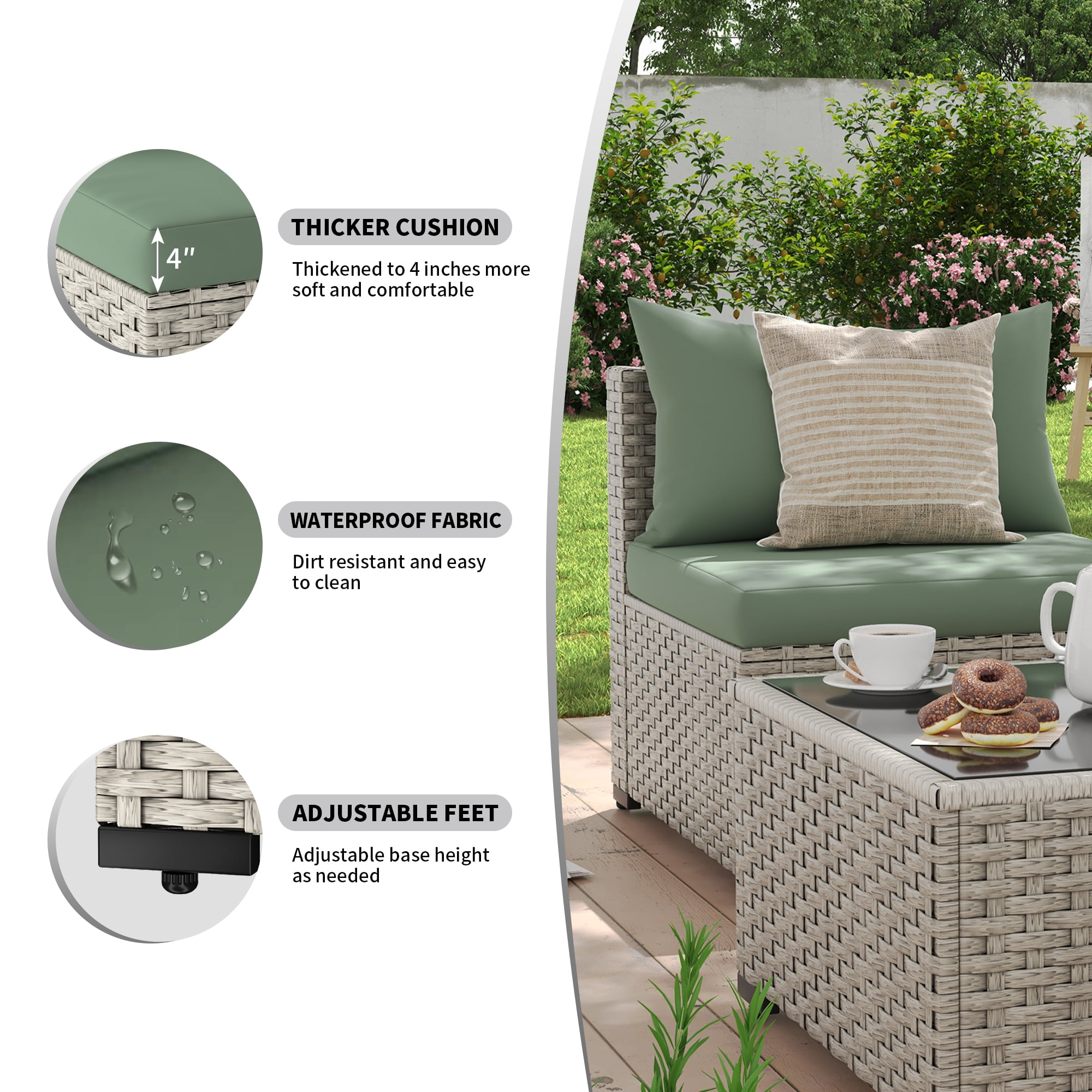 MRUAKA 7 Pieces Patio Conversation Set, Outdoor Sectional PE Rattan Wicker Furniture Seat,Light Green