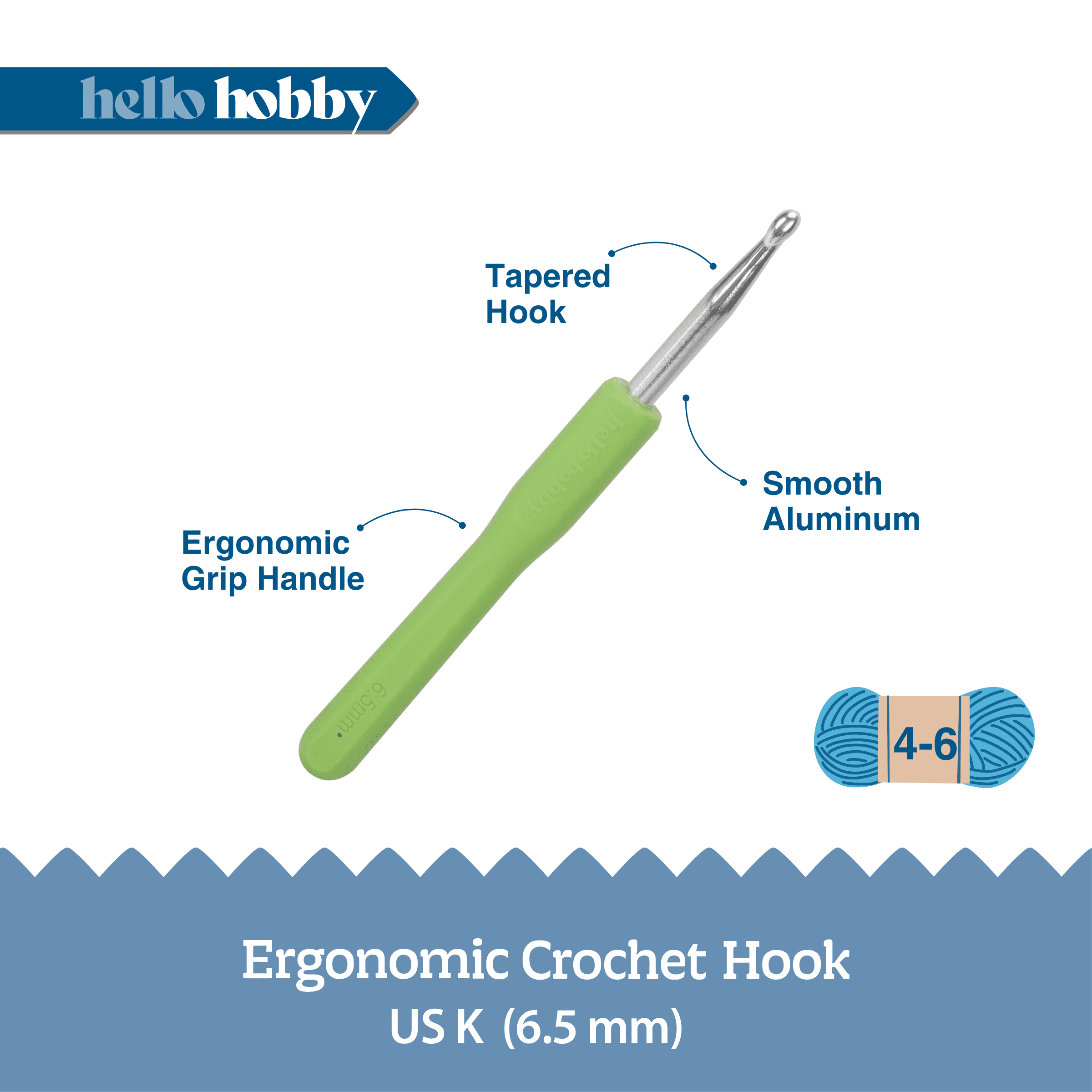Hello Hobby Ergonomic Crochet Hook, Size K, 6.5 mm