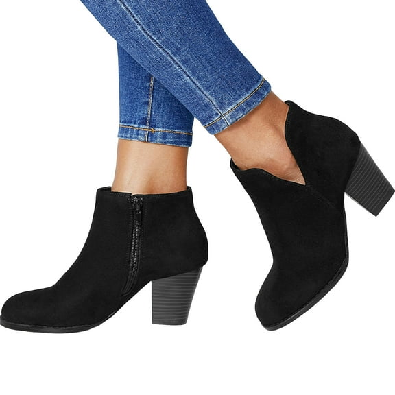 Suede Fall Boots for Women 2025 Stacked Heeled Booties Round Toe Zipper Heels Casual Ankle Boots