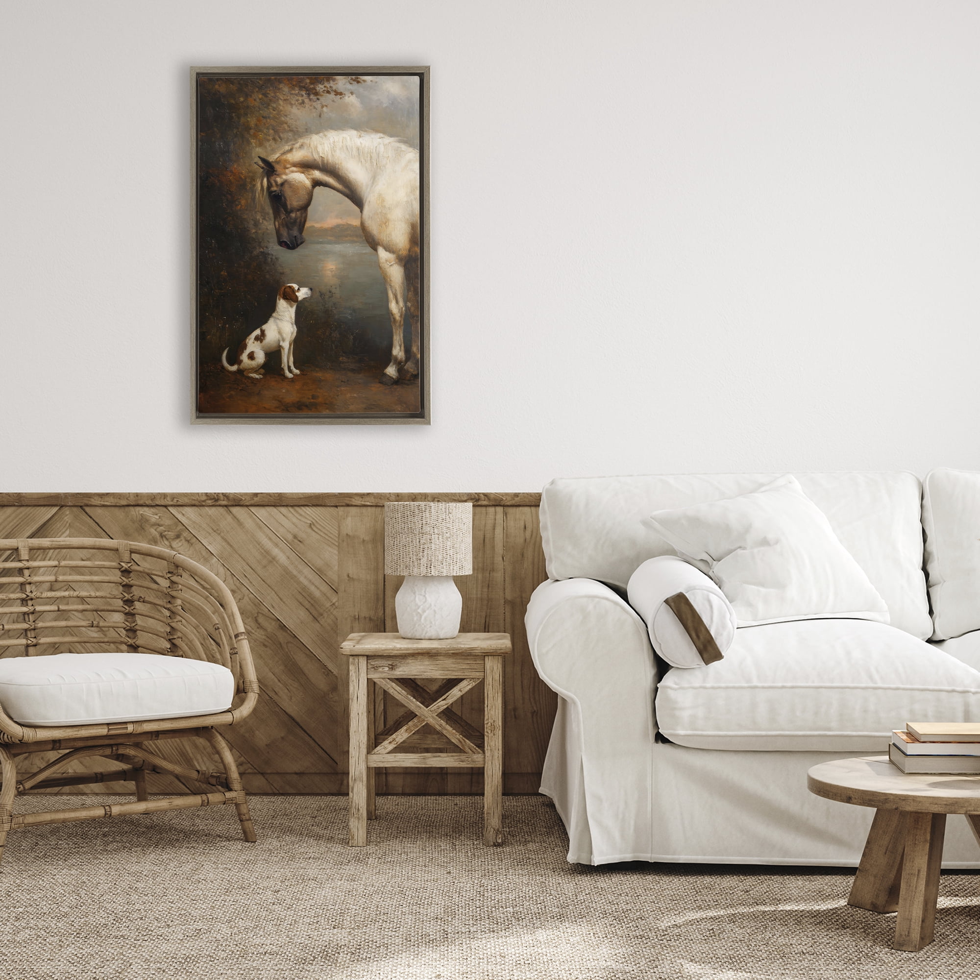 Stupell Industries Hound & Horse Vintage View Brown Framed Floater Canvas Wall Art, design by Petal Prints Design