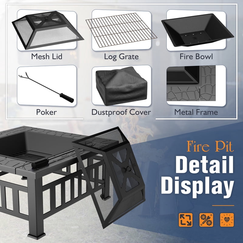 Devoko Outdoor 32" Square Metal Fire Pit with Cover and Poker, Matte Black