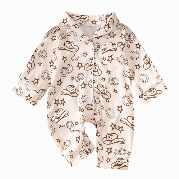 larppty Western Baby Boy Girl Clothes Newborn Button Down Pajamas Romper Lapel Jumpsuit Cute Infant Sleepwear One-Piece Pjs