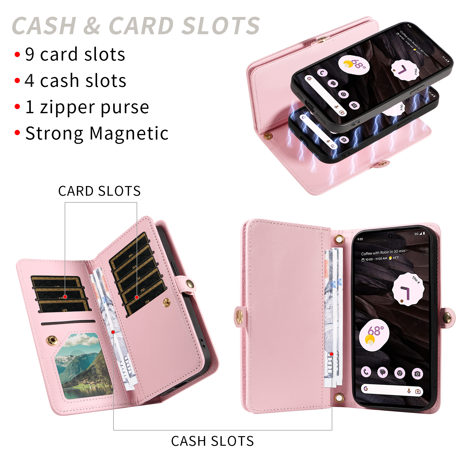 Asuwish Phone Case for Google Pixel 7A 5G 2023 Zipper Wallet Detachable Cell Cover with Tempered Glass Screen Protector Crossbody Lanyard Strap Bling Glitter Flip Card Holder Slot Pixel7A A7 Pink