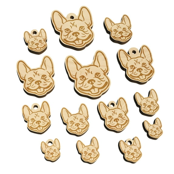 Frenchie French Bulldog Dog Head Wood Mini Charms Shapes DIY Craft Jewelry - No Hole - 30mm (6pcs)