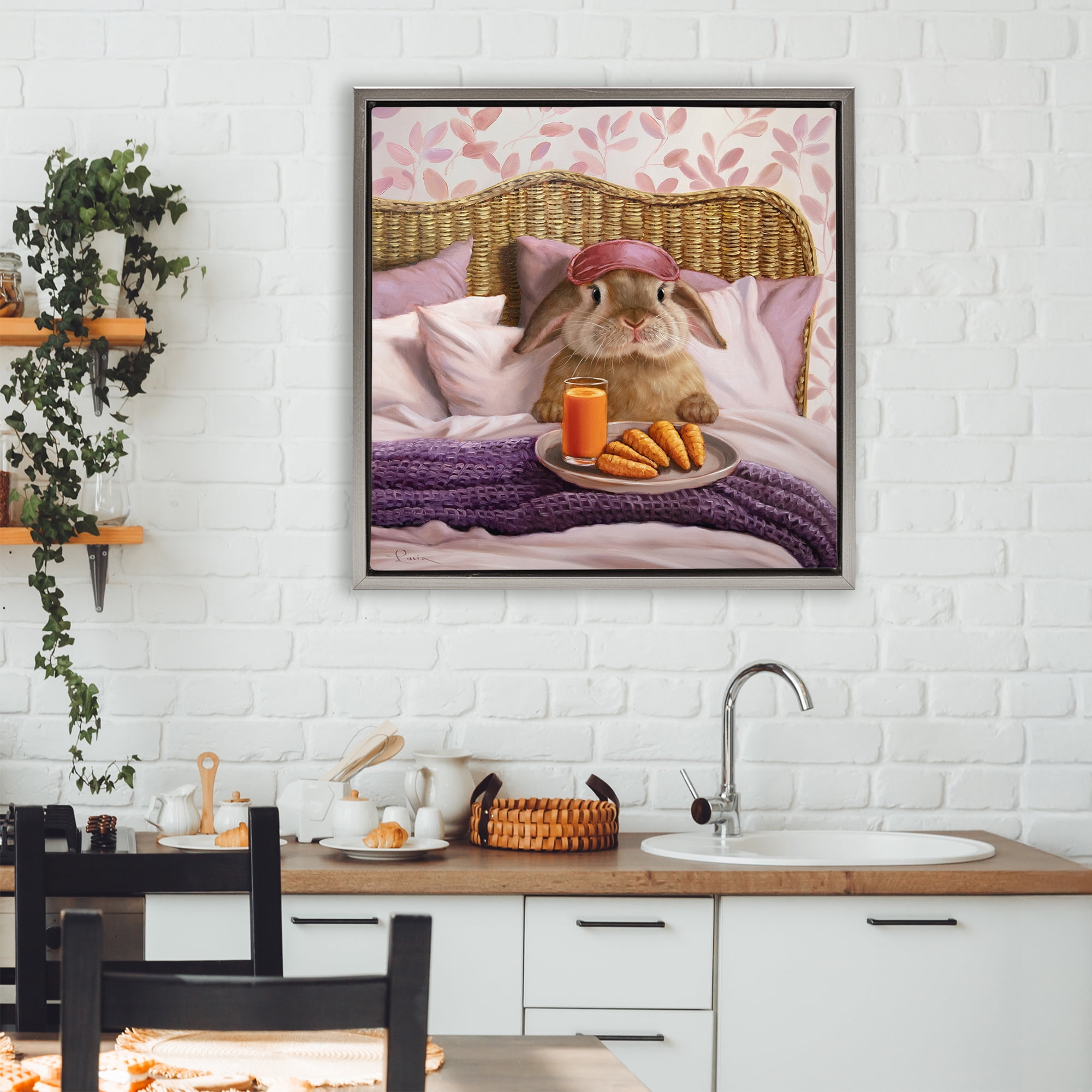 Stupell Industries Hoppy Meal Bunny in Bed Gray Framed Floater Canvas Wall Art, design by Lucia Heffernan