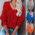 thumbnail image 4 of Women's Sweater V-Neck Hollow Cable Knit Tops Long Sleeves Solid Color Knit Shirt for Daily Fall Winter New, 4 of 5