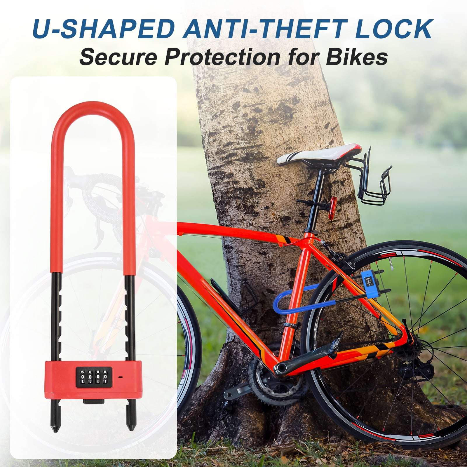 Uxcell 4 Digit Combination Padlock, Long Shackle Padlock - [8.46" - 12.8", Red], U-Shape Adjustable Shackle Lock for Bicycles Electric Bikes Mountain Bikes Glass Doors Gates