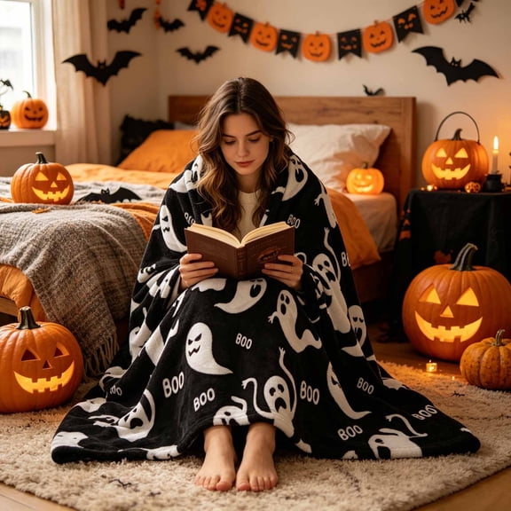 Fmbmuo Warm Halloween Spooky Cute Ghost Print Throw Blanket , Soft Cozy Lightweight Decorative , For Sofa Couch Bed Home Holiday Decoration