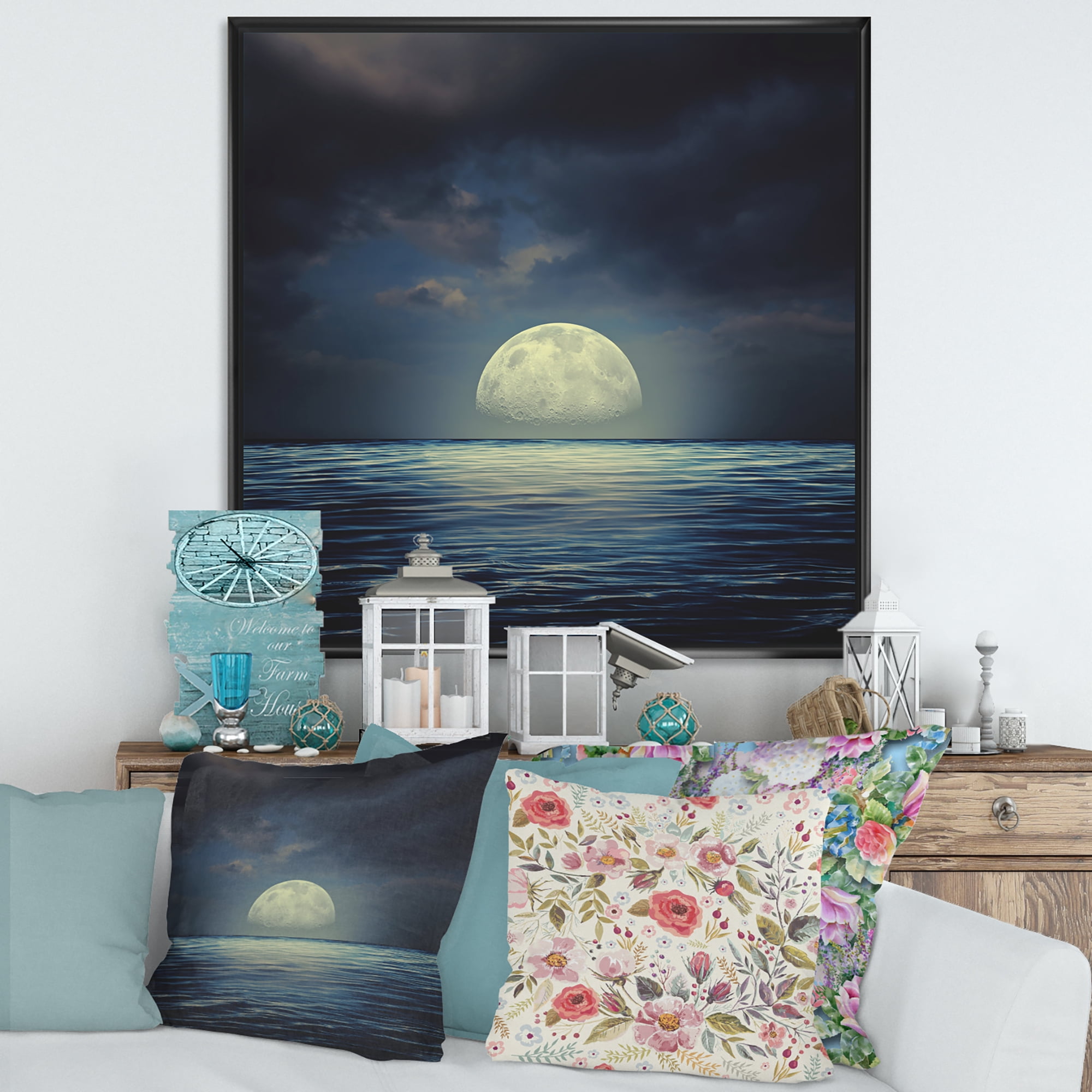 Designart 'Super Moon Over The Blue Sea' Nautical & Coastal Framed Canvas Wall Art Print