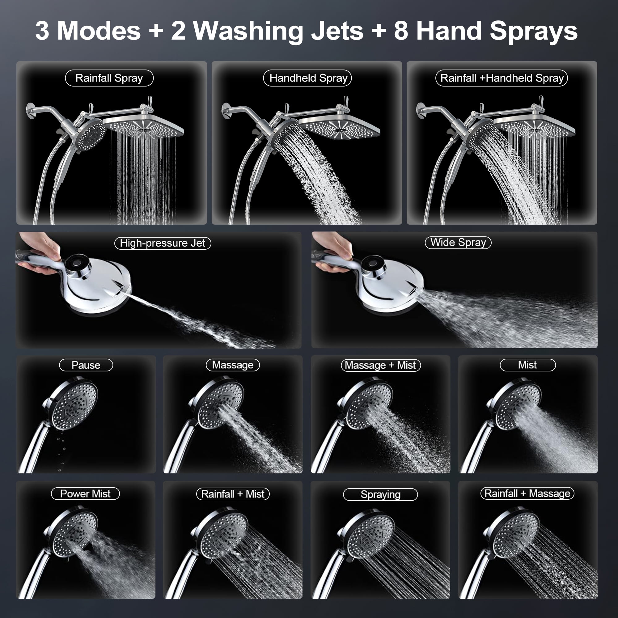 Hironpal 12"High Pressure Rain Shower Head with Handheld, 3+8+2 Spray Setting, Handheld Showerhead Combo with 59" Hose,Chro
