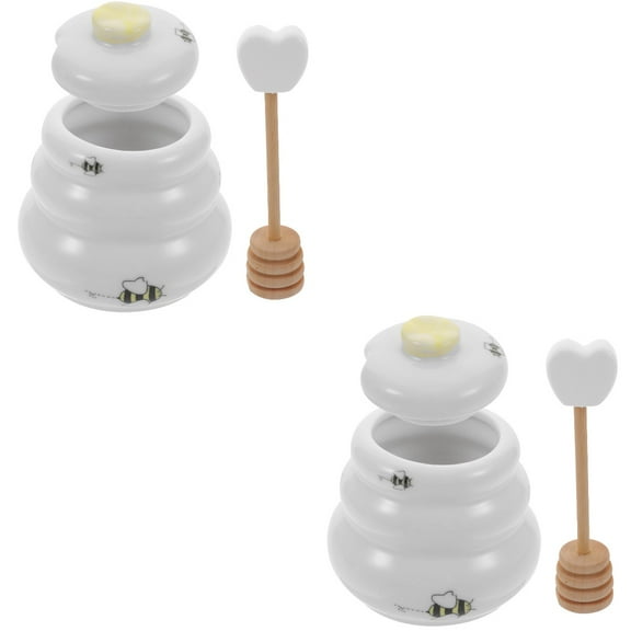 Set of 2 Honey Jar with Stick Hot Mini Sugar Container Lid Shaker Pot White