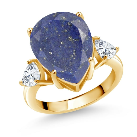 Gem Stone King 18K Yellow Gold Plated Silver 3-Stone Ring Pear Shape Blue Lapis and Moissanite (7.94 Cttw, Size 9)