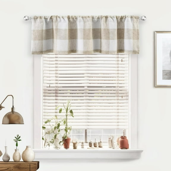 DriftAway Buffalo Check Woven Plaid Blackout Rod Pocket Window Curtain Valance 52"x14" 2" Header Taupe