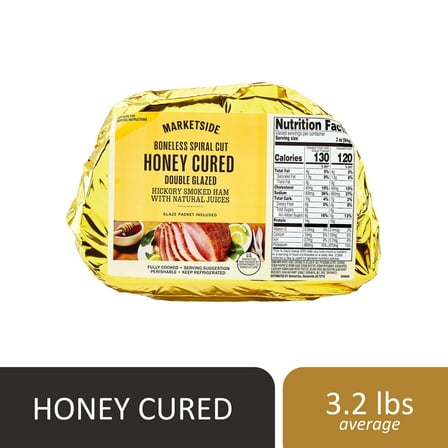 Marketside Natural Juice Boneless Spiral-Cut, Honey Cured Double Glazed Ham, Whole Muscle Cut, Pork, 3 - 4.8 lbs, 13g grams of protein per serving