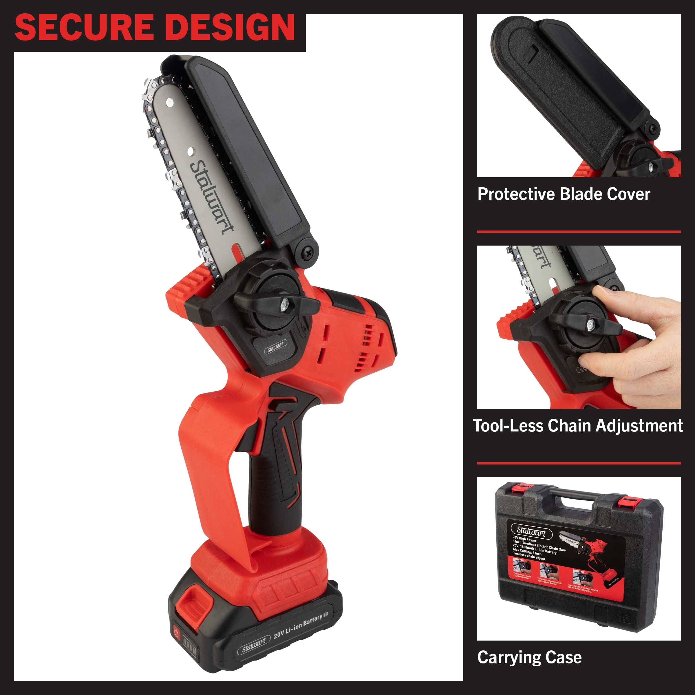 Stalwart 5-Inch Mini Chainsaw with 20V 1500mah Lithium Ion Battery (Red)