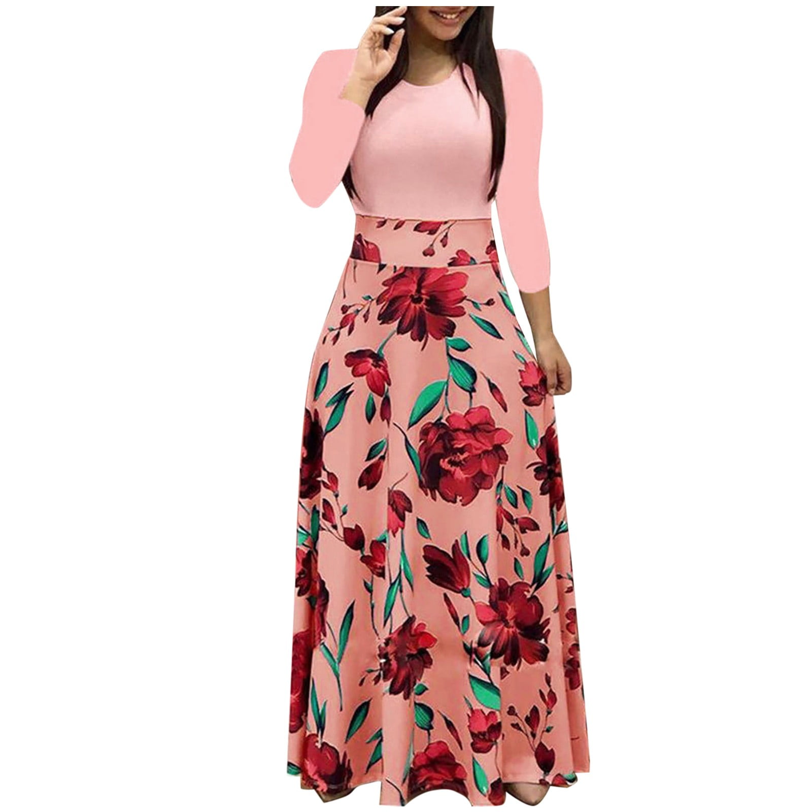 Winter Fall Womens Dresses Casual Long Sleeve Floral Print Long Maxi ...
