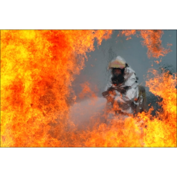 24"x36" Gallery Poster, U.S. Air Force firefighter simulated C-130 Hercules plane crash