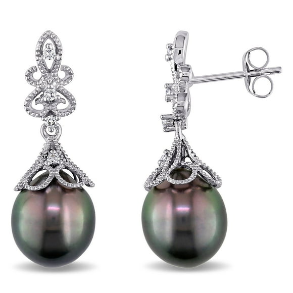9-9.5 mm Black Drop Tahitian Pearl and Diamond-Accent Dangle Earrings in 14K Gold