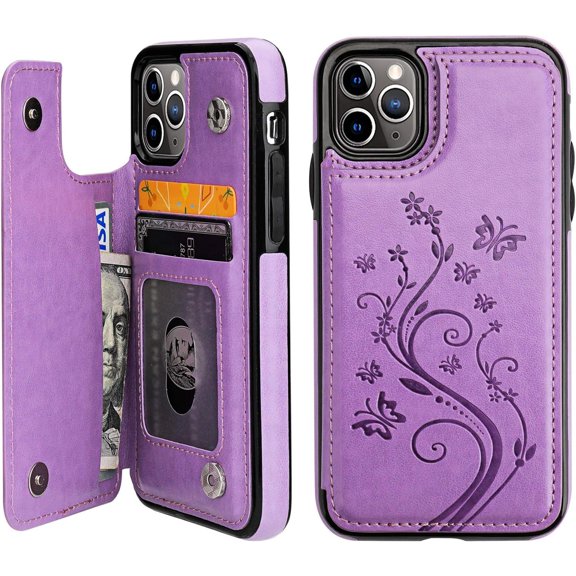 iPhone 11 Pro Case Wallet with Card Holder, Embossed Butterfly Premium PU Leather Double Magnetic Buttons Flip Shockproof Protective Cover for iPhone 11 Pro 5.8 Inch(Purple)