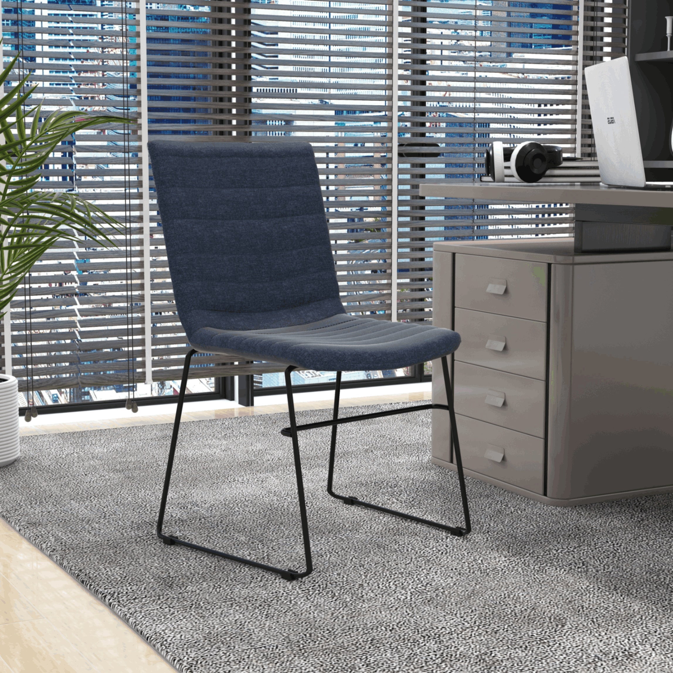 LeisureMod Ergonomic Office Chair Upholstered Guest Side Chair Padded Seat and Back Desk Chair with Powder-Coated Stainless Steel Base Zylar Collection in Dark Blue