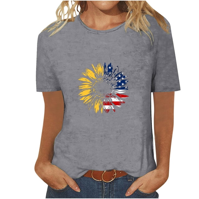 Tops Cortos para Mujeres Día de la Independencia Patriótica Impreso Cuello Redondo, Camiseta de Manga Corta Casual para la Primavera, Verano Y Fiesta