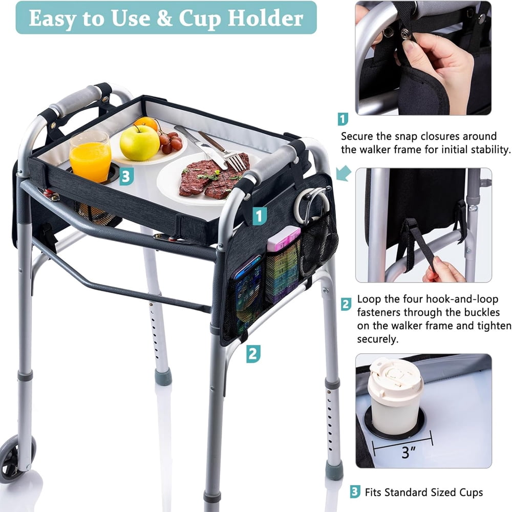 Walker Tray Table  with Cup Holders, Non Slip Walker Tray for Senior, Fits Most Standard Folding Walkers, Walker Accessory for Meals, Drinks, Reading, Black