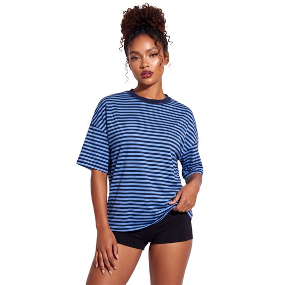 LMLYSoH Women's Summer T-Shirt Casual Loose Fit Stylish Striped Crew Neck Short Sleeve Drop Shoulder Tops