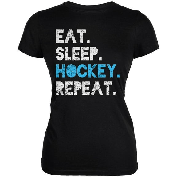 Eat Sleep Repeat Distressed Hockey Juniors Soft T Shirt Black X-LG