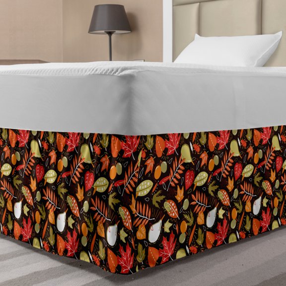 Autumn Bed Skirt, Fall Season Growth Flourish Maple Willow Pears Leaves Forest Doodle, Elastic Bedskirt Dust Ruffle Wrap Around for Bedding Decor, 4 Sizes, Dark Brown and Multicolor, by Ambesonne