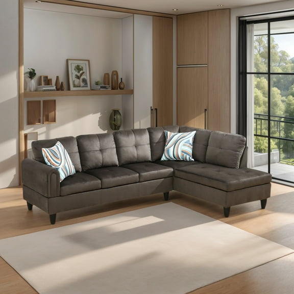 Hommoo Flannel L Shaped Sectional Couch and Sofa Set, Modern Living Room Furniture Set, Right Side, Light Brown