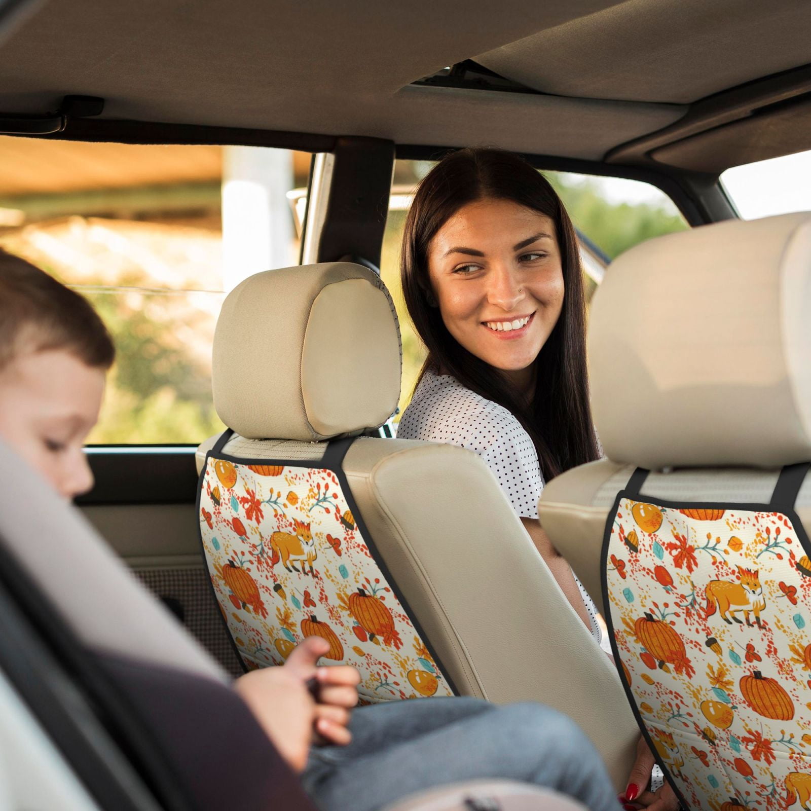 Xecao Pumpkin Fall Pears Pattern Car Seat Back Protector 2 Pack Large Capacity Pocket, Kick Mats Back Seat Protector